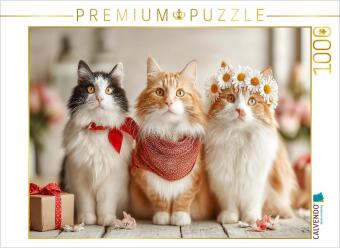 CALVENDO Puzzle Süße Katzen mit Blumen und Geschenk | 1000 T...