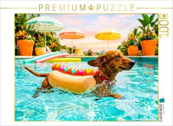 CALVENDO Puzzle Dackel im Hotdog Schwimmanzug im Pool | 1000 T...