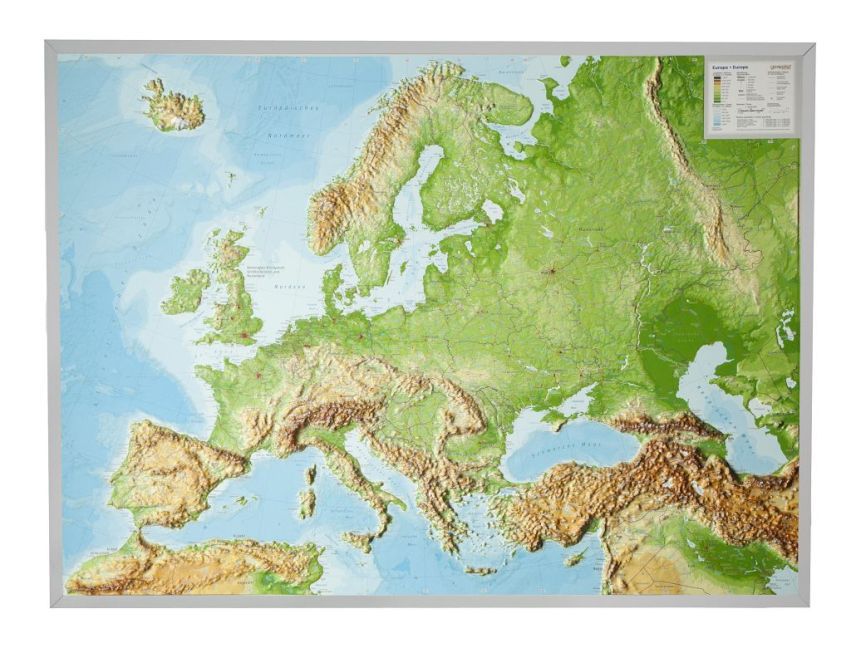 Europa, Reliefkarte, Groß, mit Aluminiumrahmen main product photo