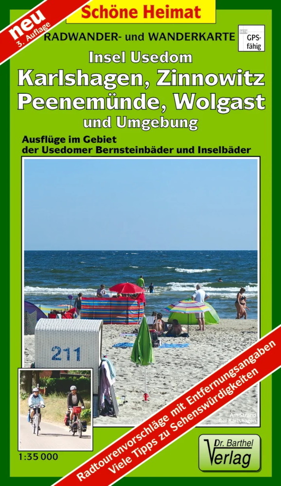 Radwander- und Wanderkarte Insel Usedom, Karlshagen, Zinnowitz, Peenemünde, Wolgast und Umgebung main product photo