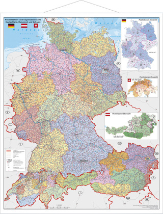 Stiefel Wandkarte Großformat Deutschland, Österreich und Schweiz, Postleitzahlen- und Organisationskarte, mit Metallstäben