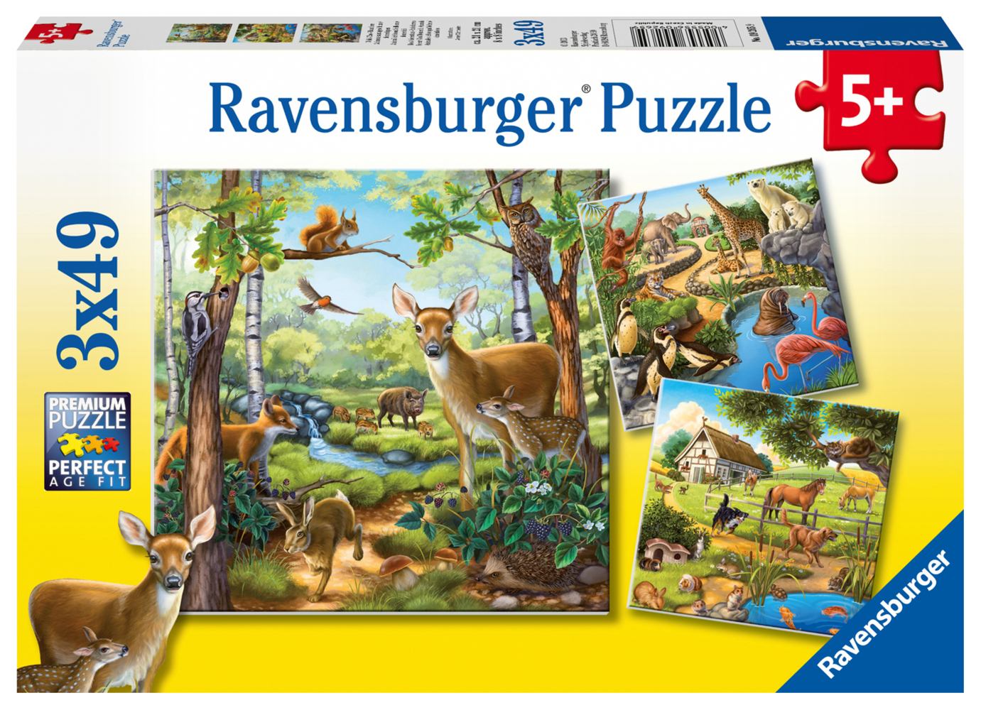 Ravensburger Kinderpuzzle - 09265 Wald-/Zoo-/Haustiere - Puzzle für Kinder ab 5 Jahren, mit 3x49 Teilen main product photo
