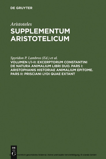 Excerptorum Constantini de natura animalium libri duo. Pars I: Aristophanis historiae animalium epitome. Pars II: Prisciani Lydi quae extant main product photo