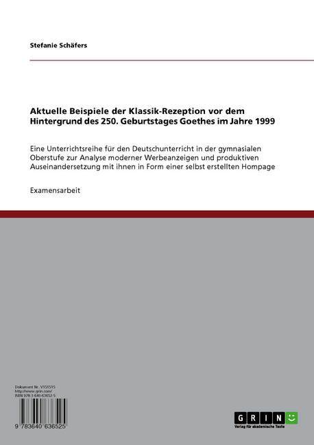 Aktuelle Beispiele der Klassik-Rezeption vor dem Hintergrund des 250. Geburtstages Goethes im Jahre 1999 main product photo
