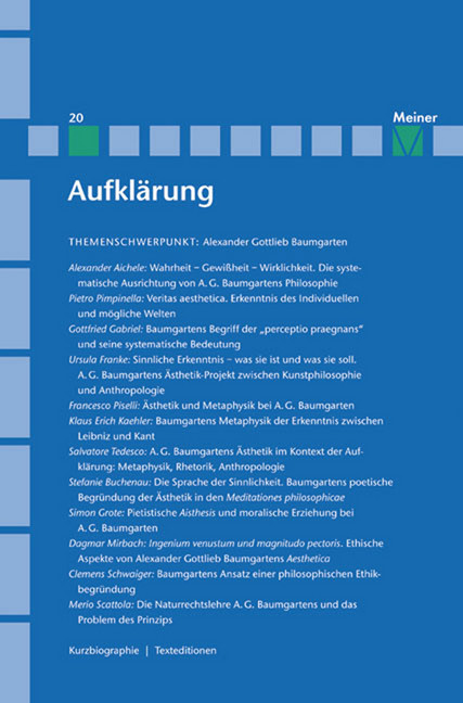 Aufklärung, Band 20: Alexander Gottlieb Baumgarten. Sinnliche Erkenntnis in der Philosophie des Rationalismus main product photo