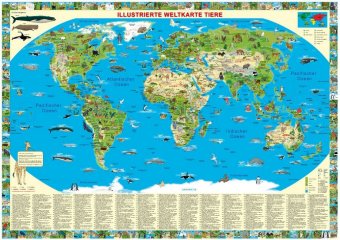 Illustrierte Weltkarte Tiere, Posterkarte