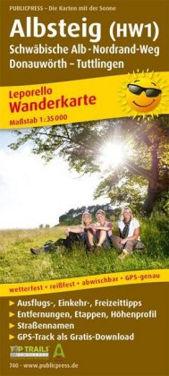PublicPress Leporello Wanderkarte Albsteig (HW1), Schwäbische Alb-Nordrandweg, Donauwörth - Tuttlingen