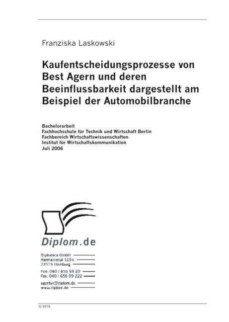 Kaufentscheidungsprozesse von Best Agern und deren Beeinflussbarkeit dargestellt am Beispiel der Automobilbranche main product photo