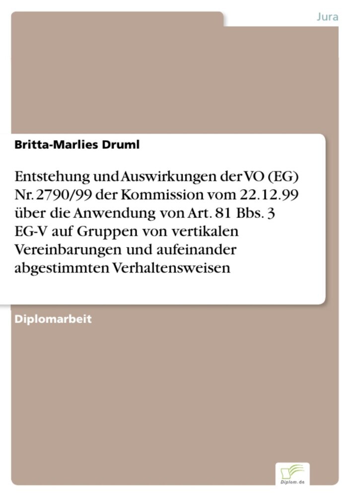 Entstehung und Auswirkungen der VO (EG) Nr. 2790/99 der Kommission vom 22.12.99 über die Anwendung von Art. 81 Bbs. 3 EG-V auf Gruppen von vertikalen Vereinbarungen und aufeinander abgestimmten Verhaltensweisen main product photo