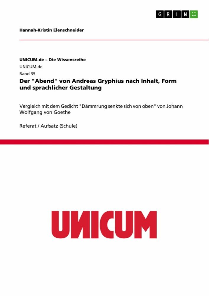 Der 'Abend' von Andreas Gryphius nach Inhalt, Form und sprachlicher Gestaltung main product photo