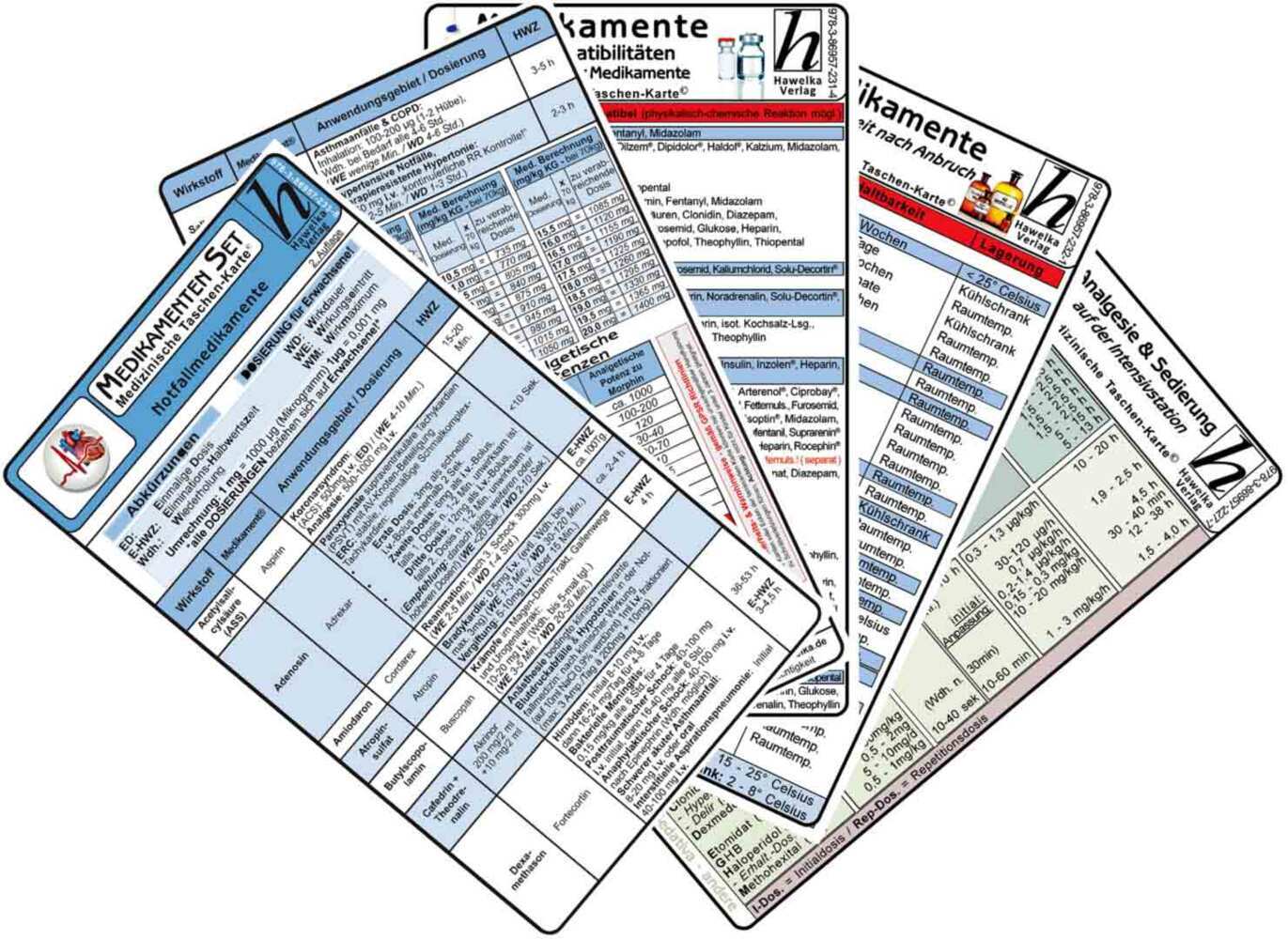 Medikamenten Karten-Set - Notfallmedikamente, Analgesie & Sedierung, Inkompatibilitäten intravenöser Medikamente, Medikamente - Haltbarkeit nach Anbruch main product photo