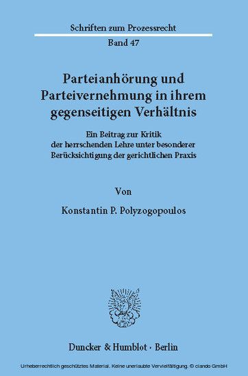 Parteianhörung und Parteivernehmung in ihrem gegenseitigen Verhältnis. main product photo