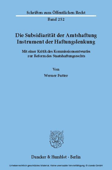 Die Subsidiarität der Amtshaftung - Instrument der Haftungslenkung. main product photo