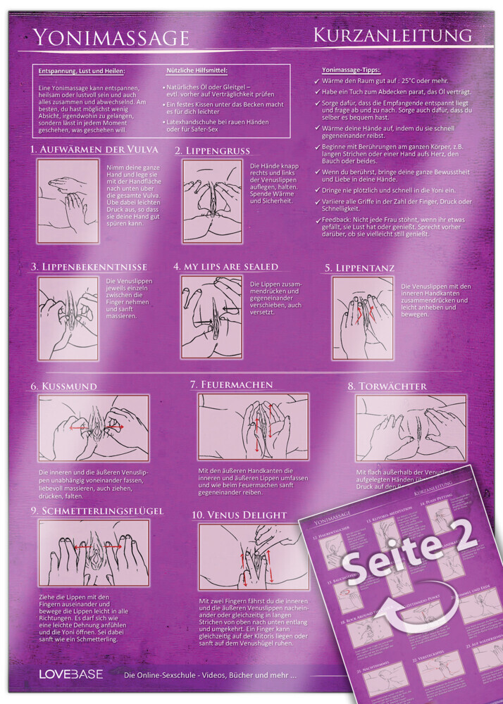 Yoni-Massage Kurzanleitung (2023) - 23 Massage-Techniken für die Tantramassage und mehr Genuss beim Sex - Praktische Schnellübersicht und Spickzettel - main product photo