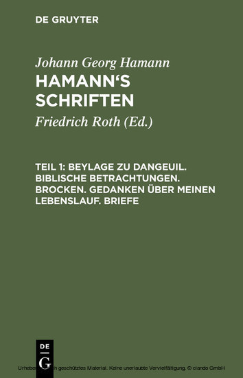 Beylage zu Dangeuil. Biblische Betrachtungen. Brocken. Gedanken über meinen Lebenslauf. Briefe main product photo