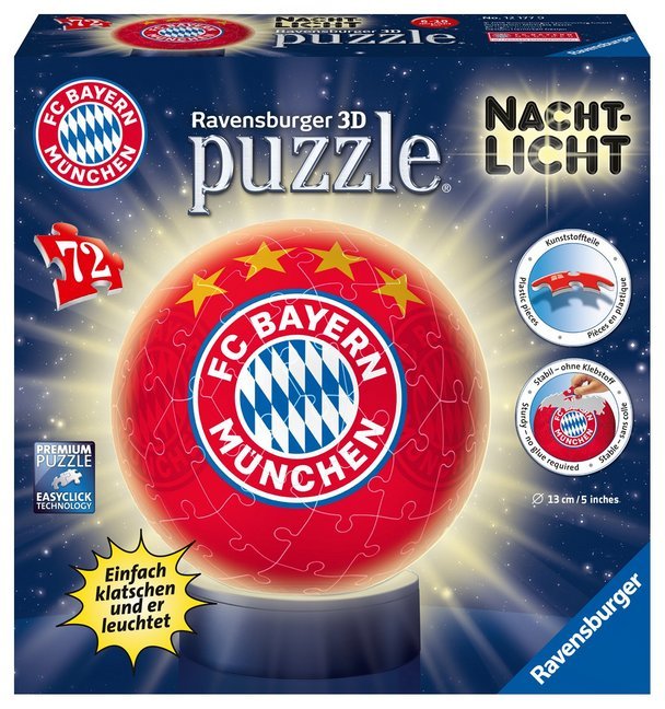 Ravensburger 3D Puzzle 12177 - Nachtlicht Puzzle-Ball FC Bayern München - 72 Teile - ab 6 Jahren, LED Nachttischlampe mit Klatsch-Mechanismus main product photo