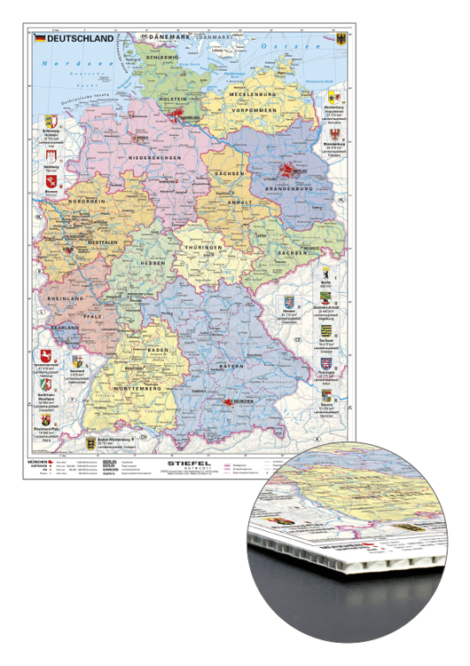 Stiefel Karte Deutschland politisch mit Wappen zum Pinnen auf Wabenplatte, Planokarte main product photo