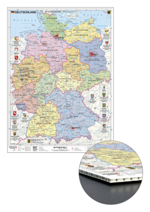 Stiefel Karte Deutschland politisch mit Wappen zum Pinnen auf Wabenplatte, Planokarte