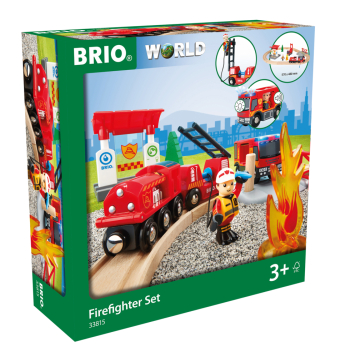 BRIO World 33815 Feuerwehr-Set - Holzeisenbahn-Set inklusive Feuerwehr-Auto mit Licht und Sound - Empfohlen für Kinder ab 3 Jahren