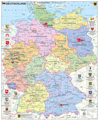Stiefel Wandkarte Großformat Deutschland politisch mit Wappen