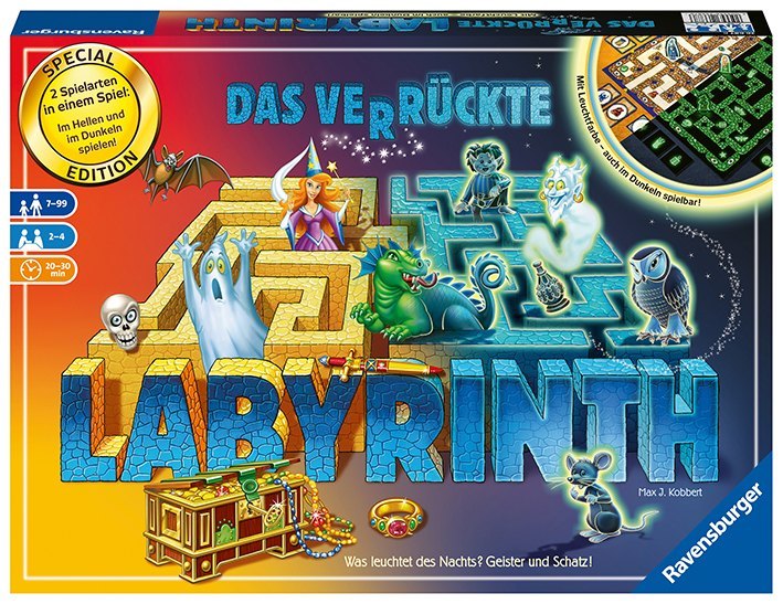 Ravensburger 26687 - Labyrinth Glow in the dark - Familienklassiker mit Leuchtfarbe, Spiel für Kinder und Familien ab 7 Jahren - Gesellschaftspiel geeignet für 2-4 Spieler - Schätze suchen main product photo
