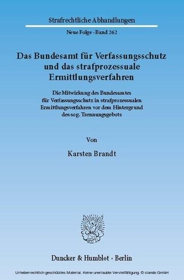 Das Bundesamt für Verfassungsschutz und das strafprozessuale Ermittlungsverfahren. main product photo