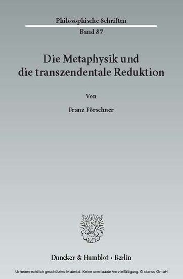 Die Metaphysik und die transzendentale Reduktion. main product photo
