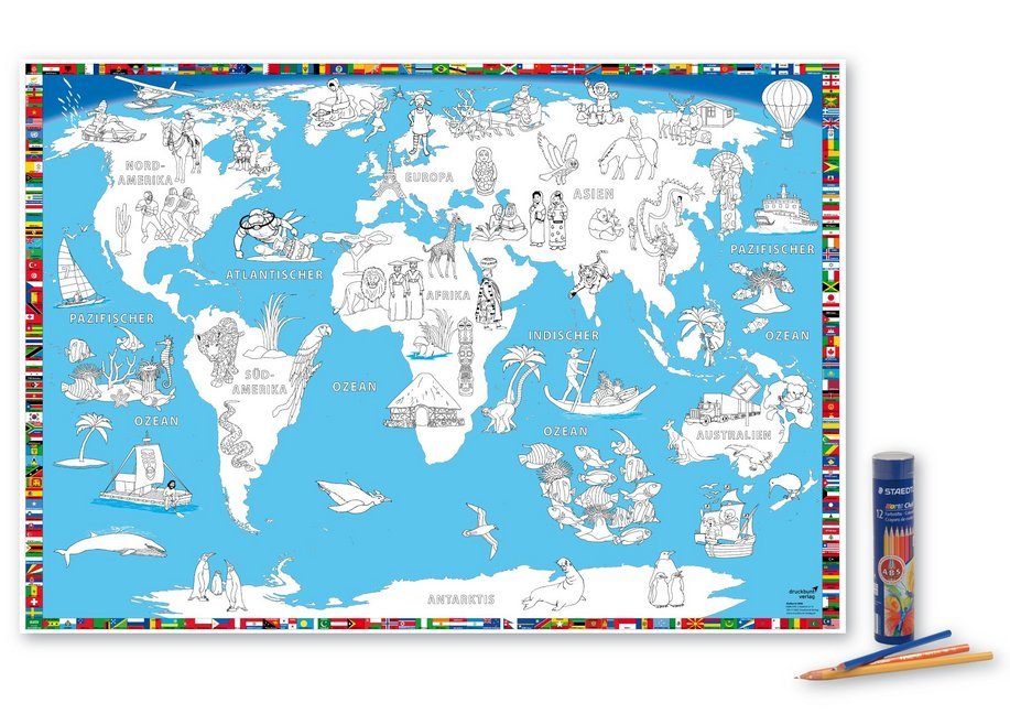 Malkarte Welt mit 12 hochwertigen Buntstiften in dekorativer Buntstiftdose main product photo