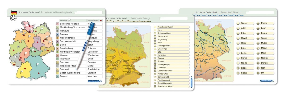 Ich kenne Deutschland - 1. Bundesländer & Landeshauptstädte, 2. Flüsse, 3. Gebirge im Set, 3 Lernvorlagen main product photo
