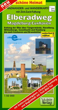 Radwander- und Wanderkarte mit Zick Zack Faltung Elberadweg, Magdeburg-Cuxhaven