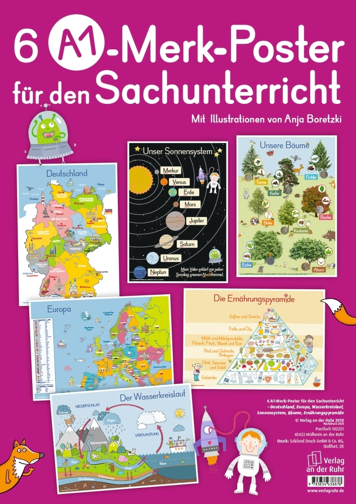 6 A1-Poster für den Sachunterricht: Deutschland, Europa, Wasserkreislauf, Sonnensystem, Bäume, Ernährungspyramide main product photo