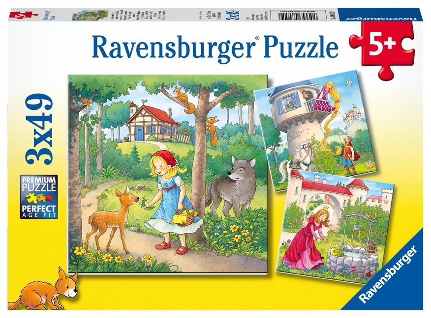 Ravensburger Kinderpuzzle - 08051 Rapunzel, Rotkäppchen & der Froschkönig - Puzzle für Kinder ab 5 Jahren, mit 3x49 Teilen main product photo