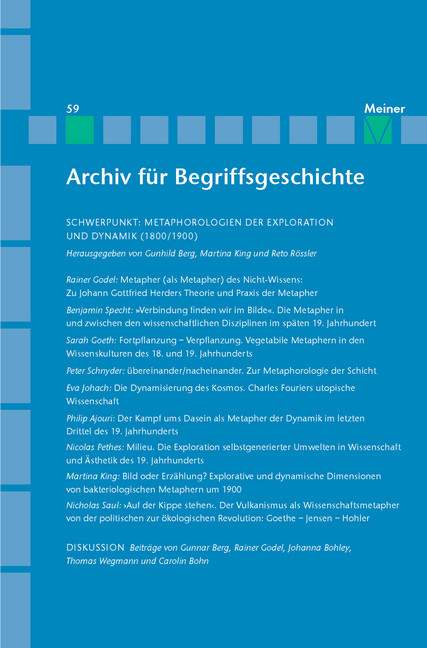 Archiv für Begriffsgeschichte. Band 59: Metaphorologien der Exploration und Dynamik (1800/1900) main product photo