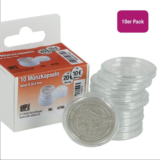 Münzkapseln Durchmesser 32,5 mm, für Format 10/ 20-Euro-Münzen, 10 Stück main product photo