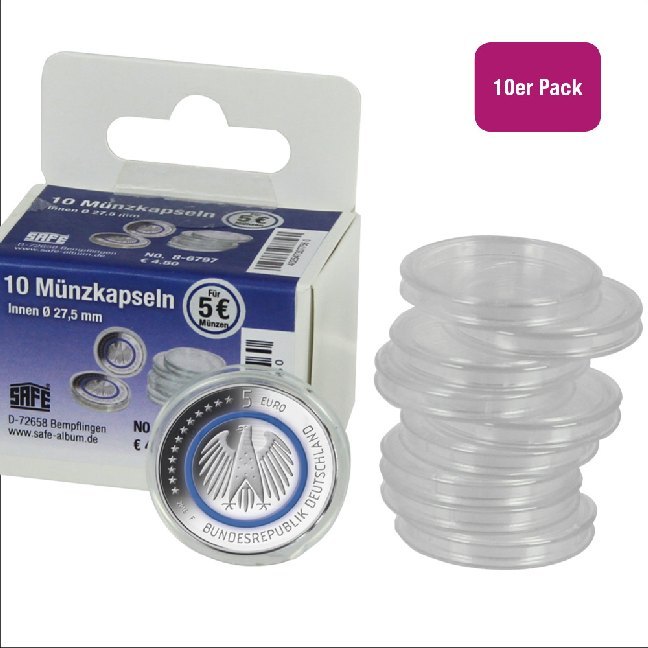 Münzkapseln Durchmesser 27,5 mm, für Format 5-Euro-Münzen, 10 Stück main product photo