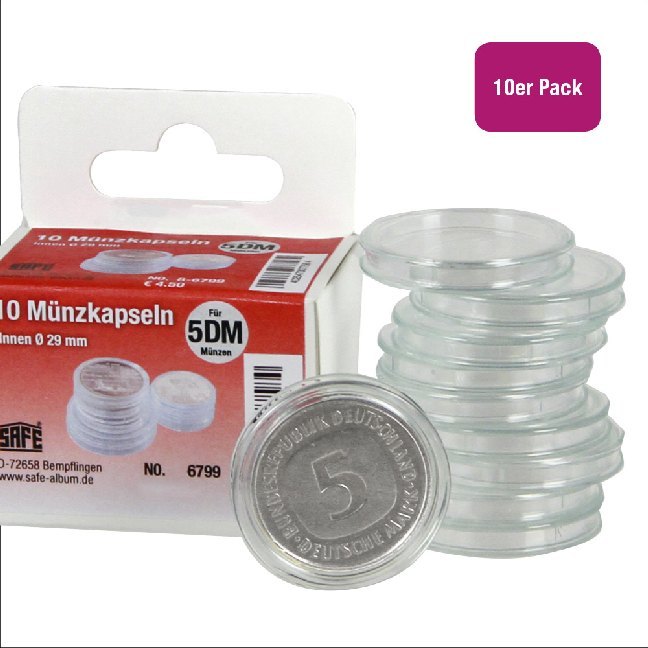 Münzkapseln Durchmesser 29 mm, für Format 5-DM-Münzen, 10 Stück main product photo