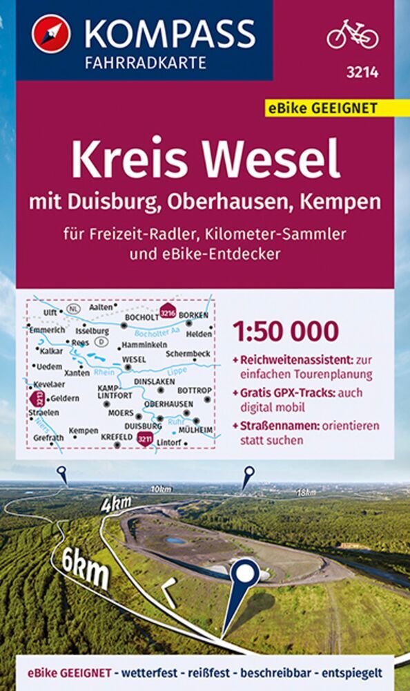 KOMPASS Fahrradkarte 3214 Kreis Wesel mit Duisburg, Oberhausen, Kempen mit Knotenpunkten 1:50.000 main product photo