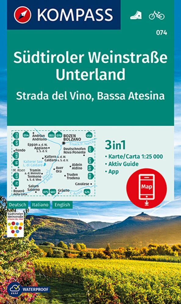 KOMPASS Wanderkarte 074 Südtiroler Weinstraße, Unterland, Strada del Vino, Bassa Atesina 1:25.000 main product photo
