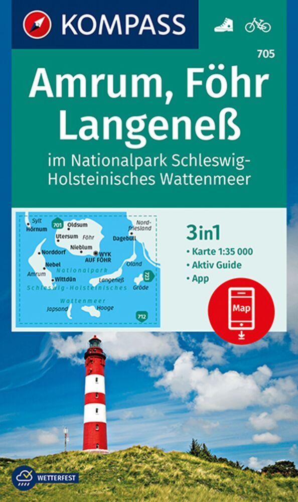 KOMPASS Wanderkarte 705 Amrum, Föhr, Langeneß im Nationalpark Schleswig-Holsteinisches Wattenmeer 1:35.000 main product photo