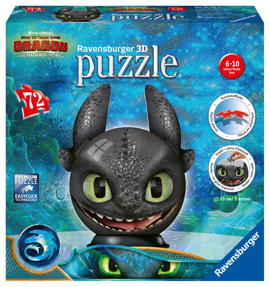 Ravensburger 3D Puzzle 11145 - Puzzle-Ball Dragons 3 Ohnezahn mit Ohren- 72 Teile - Puzzle-Ball für Fans von Dragons ab 6 Jahren main product photo