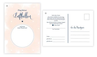 50 Ballonflugkarten für Hochzeit, gelocht und extra leicht zum Weitfliegen. Wetterfeste Ballonkarten mit Wünschen zur Hochzeit für einen extra langen Flug. Weitflugkarten im Postkartenformat DIN A6