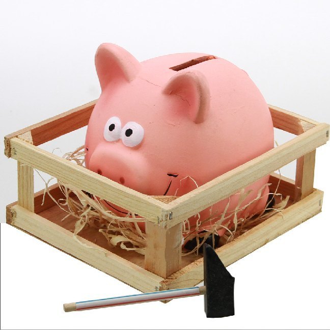 Spardose mit Schloß, Schwein mit Hammer in Holzbox, Keramik, Format ca. 14 x 12 cm main product photo