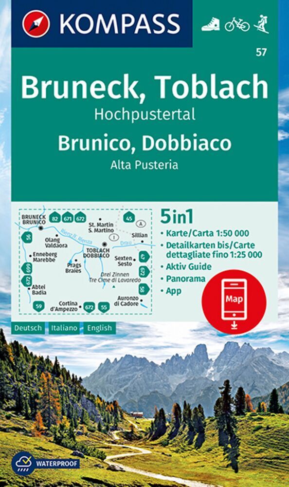 KOMPASS Wanderkarte 57 Bruneck, Toblach, Hochpustertal, Brunico, Dobbiaco, Alta Pusteria 1:50.000 main product photo