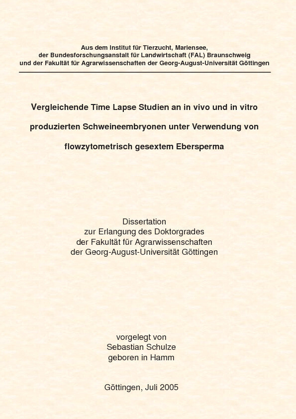 Vergleichende Time Lapse Studien and in vivo und in vitro produzierten Schweineembryonen unter Verwendung von flowzytometrisch gesextem Ebersperma main product photo