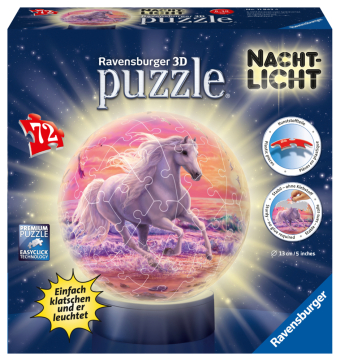 Ravensburger 3D Puzzle 11843 - Nachtlicht Puzzle-Ball Pferde am Strand - 72 Teile - ab 6 Jahren, LED Nachttischlampe mit Klatsch-Mechanismus