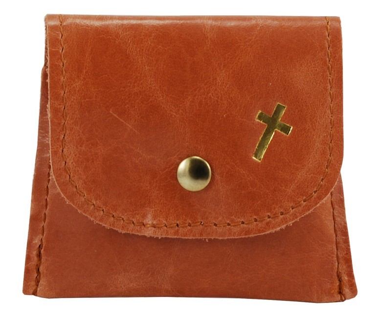 Rosenkranztäschchen braun, mit goldenem Kreuz und Druckknopf main product photo