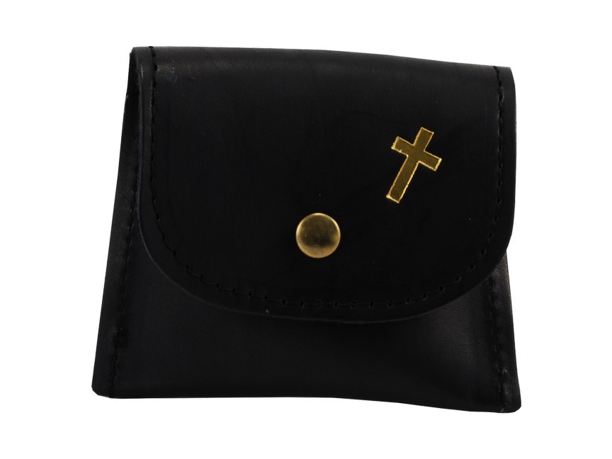 Rosenkranztäschchen schwarz, mit goldenem Kreuz und Druckknopf main product photo