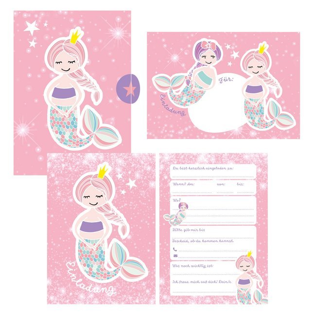 12 Glitzer Einladungskarten Meerjungfrau zum Geburtstag für Mädchen inkl. Umschläge rosa glitzernde Geburtstagseinladungen für Kinder main product photo
