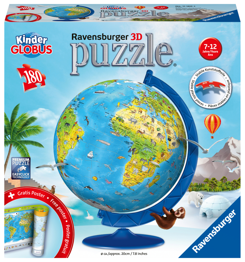 Ravensburger 3D Puzzle 11160 - Puzzle-Ball Kinderglobus in deutscher Sprache - 180 Teile - Puzzle-Ball Globus für Kinder ab 6 Jahren main product photo