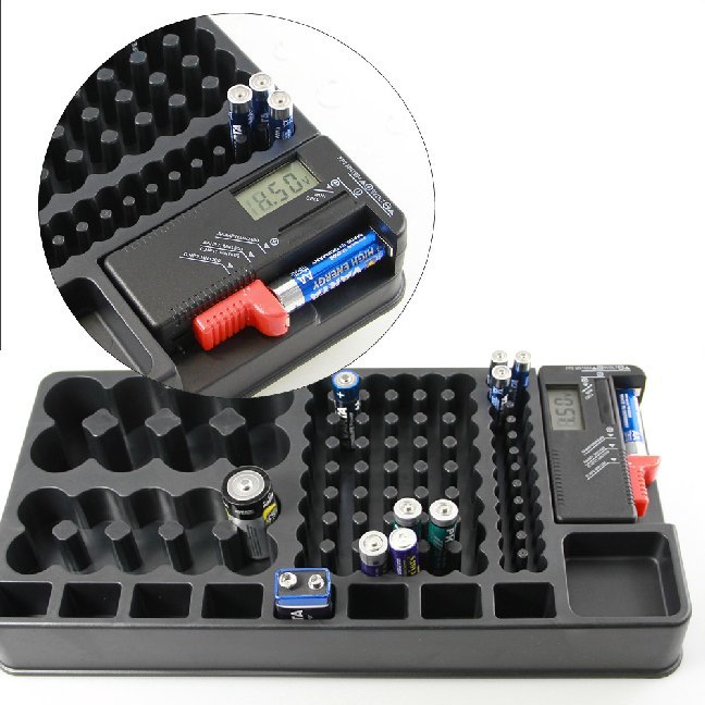 Batterie-Tester, Organizer zum Aufbewahren von bis zu 98 Batterien, verschiedene Formate main product photo
